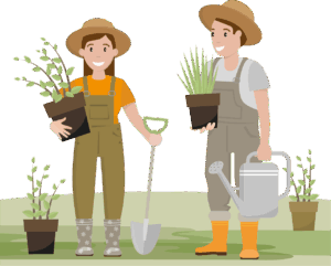 gardener, nature, garden, spring, planting, plant, gardening, cartoon, pair, drawing, people